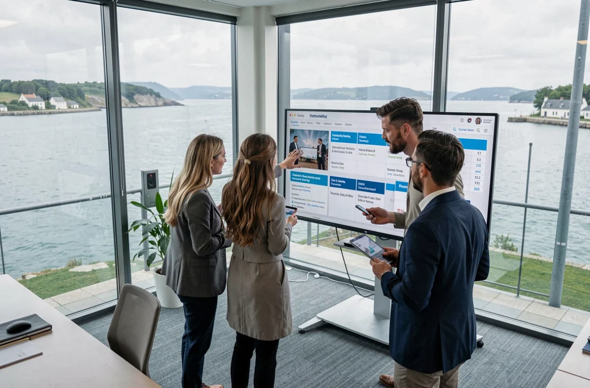 Équipe de l'agence Aaven à Vannes travaillant sur des visuels de communication événementielle avec vue sur le golfe du Morbihan