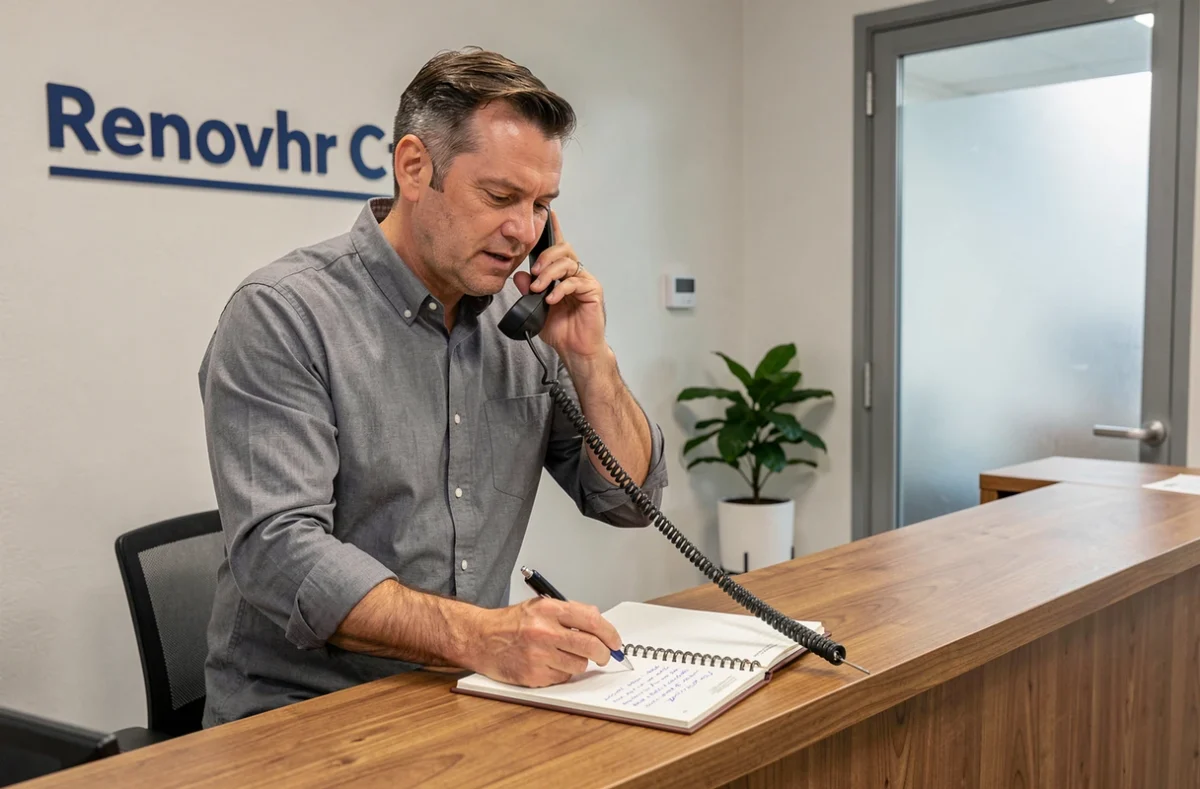 Responsable d'accueil utilisant un téléphone fixe professionnel à la réception d'une entreprise, symbolisant l'optimisation de la messagerie fixe Free pour les pros