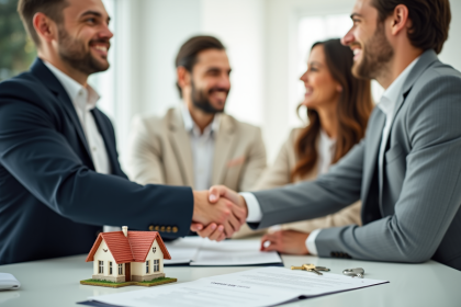 Couple confiant serrant la main d un notaire dans un bureau moderne