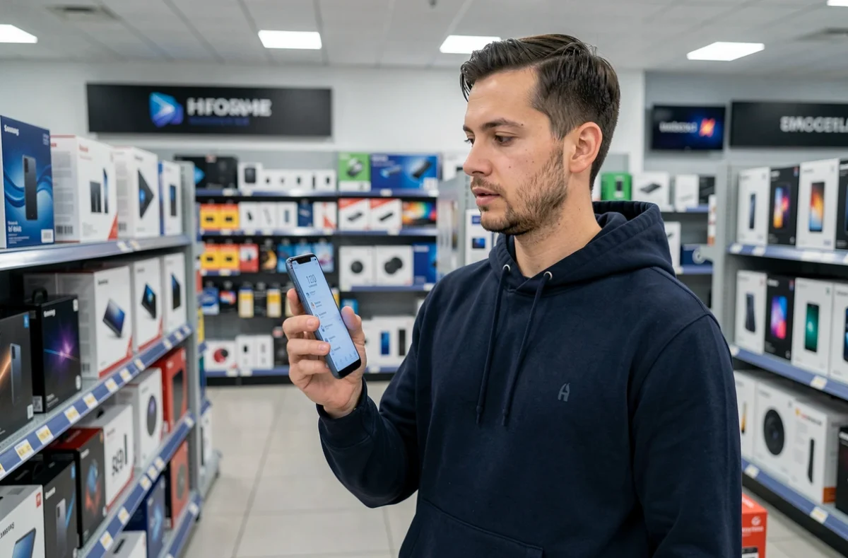Homme tenant un smartphone Samsung dans un magasin d'électronique en comparant les prix et les caractéristiques