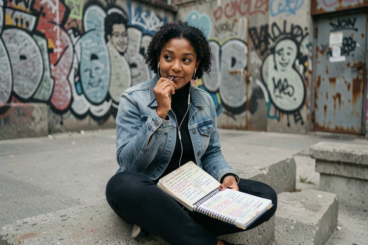 Femme traductrice de rap assise dans une cour urbaine annotant un dictionnaire d'argot franco-américain pour adapter des paroles hip-hop