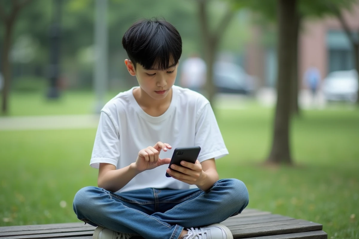 Adolescent lisant manga sur un banc de parc