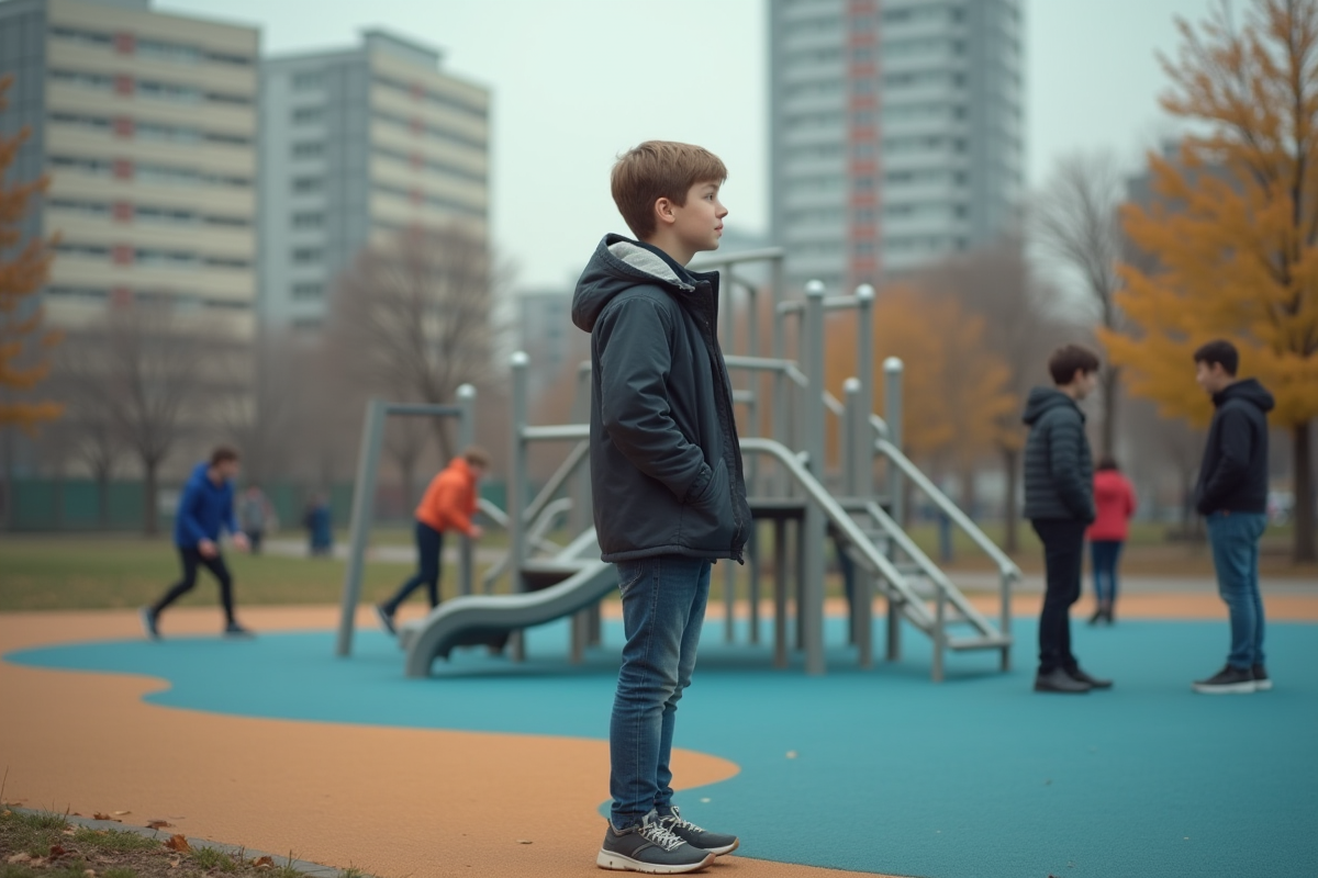 Adolescent seul au parc en contemplant les jeux