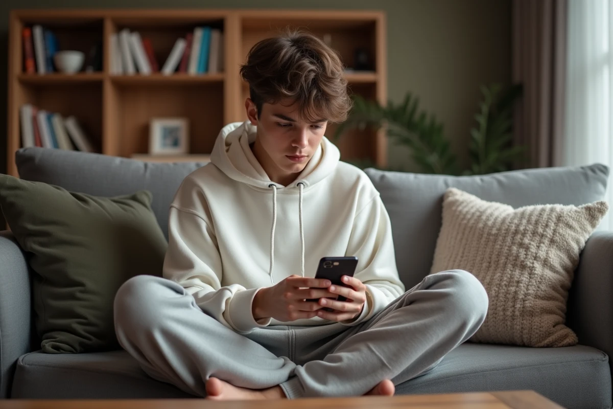 Adolescent sur un canapé à la maison utilisant un smartphone pour accéder à une application mobile sans interruptions publicitaires