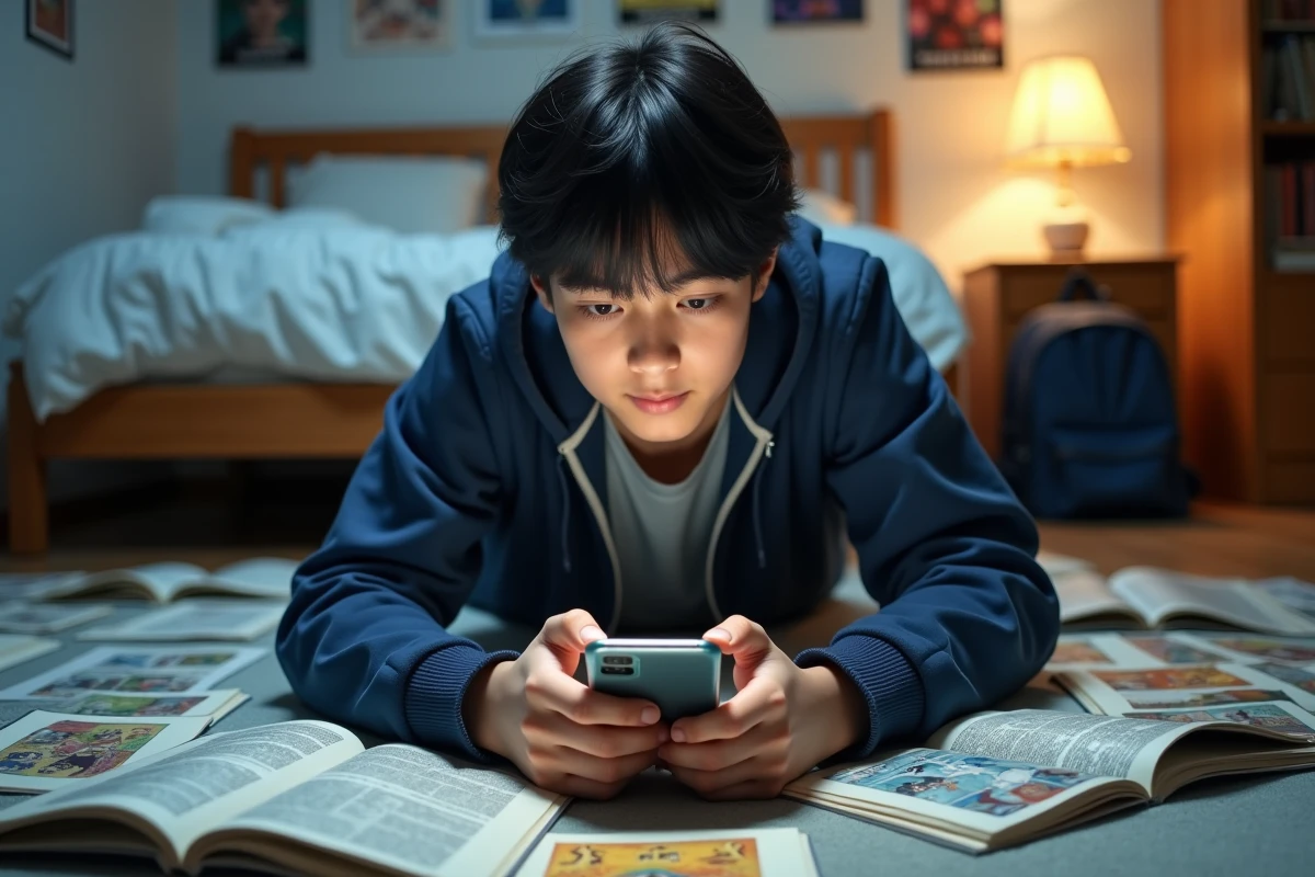 Adolescent allongé sur le sol de sa chambre entouré de volumes de manga One Piece en train de relire des chapitres sur son smartphone