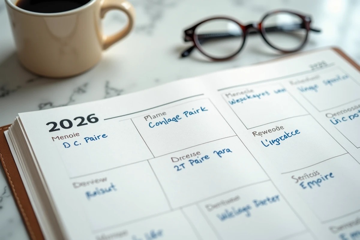 Agenda papier 2026 ouvert sur un comptoir en marbre avec annotations manuscrites des semaines paires et impaires