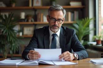 Agent immobilier en costume avec DPE dans un bureau moderne