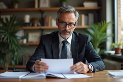 Agent immobilier en costume avec DPE dans un bureau moderne