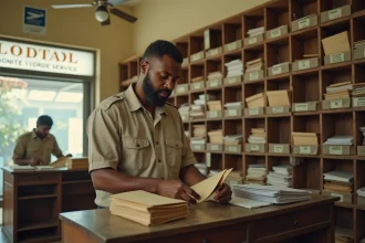 Agent postal mauricien triant le courrier dans un bureau de poste de Port Louis avec des cases de tri visibles en arrière-plan