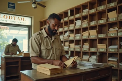Agent postal mauricien triant le courrier dans un bureau de poste de Port Louis avec des cases de tri visibles en arrière-plan