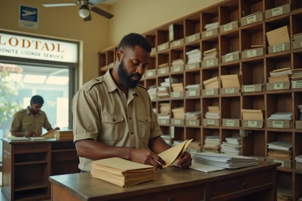 Agent postal mauricien triant le courrier dans un bureau de poste de Port Louis avec des cases de tri visibles en arrière-plan