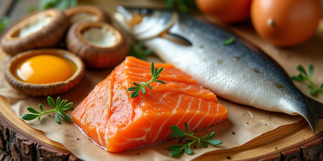 Sélection d'aliments riches en vitamine D sur une table en bois