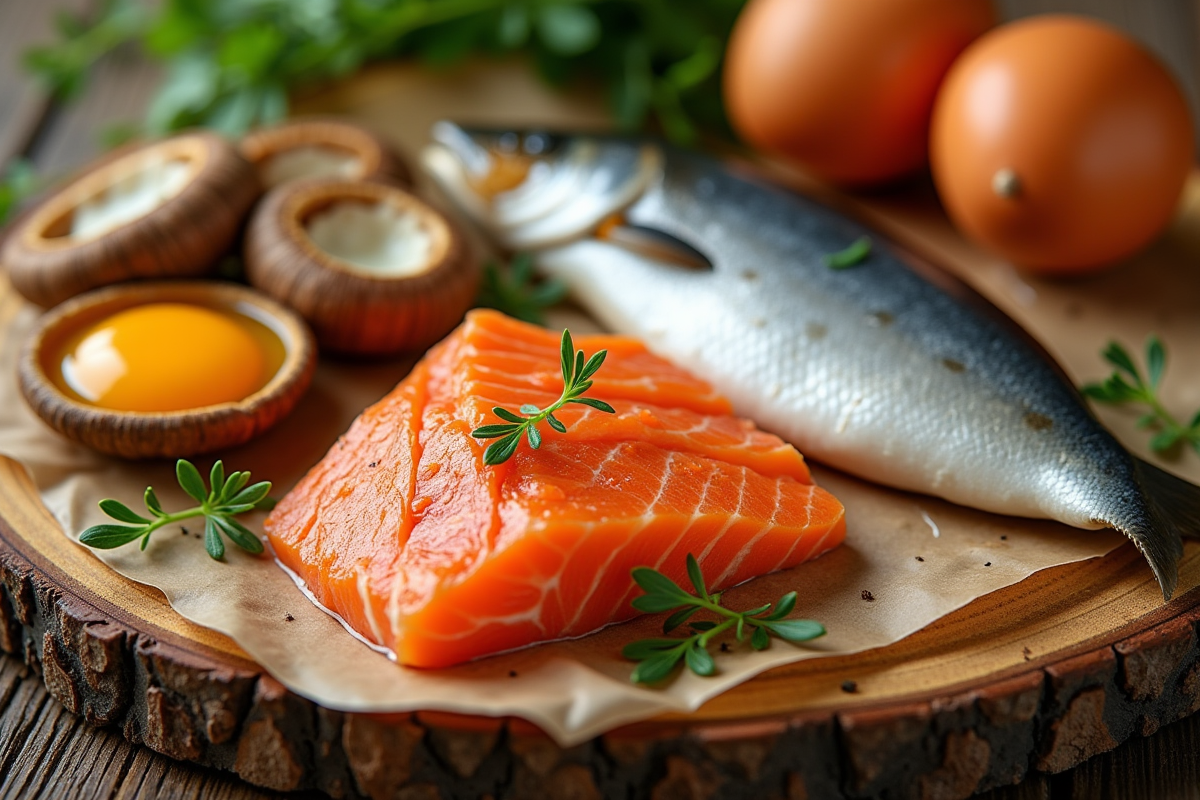 Sélection d'aliments riches en vitamine D sur une table en bois