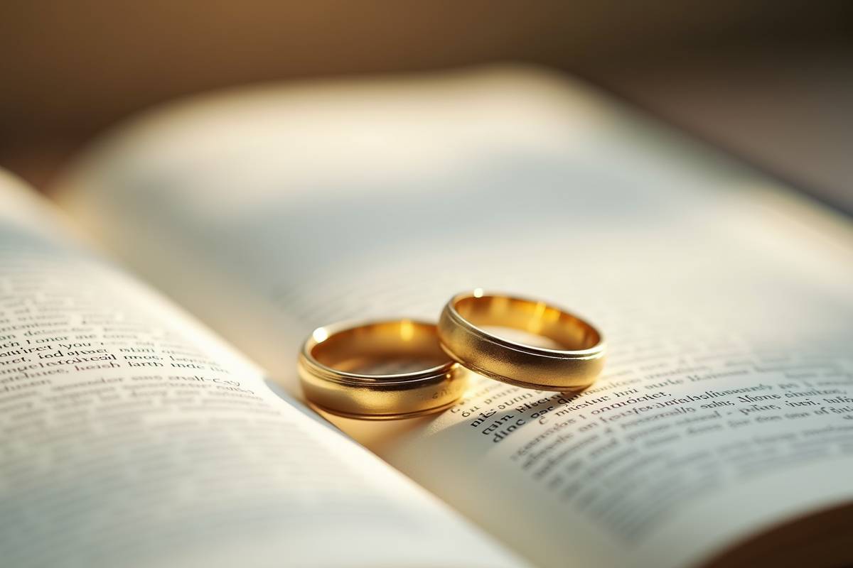 Anneaux de mariage en or sur page de livre de droit civil