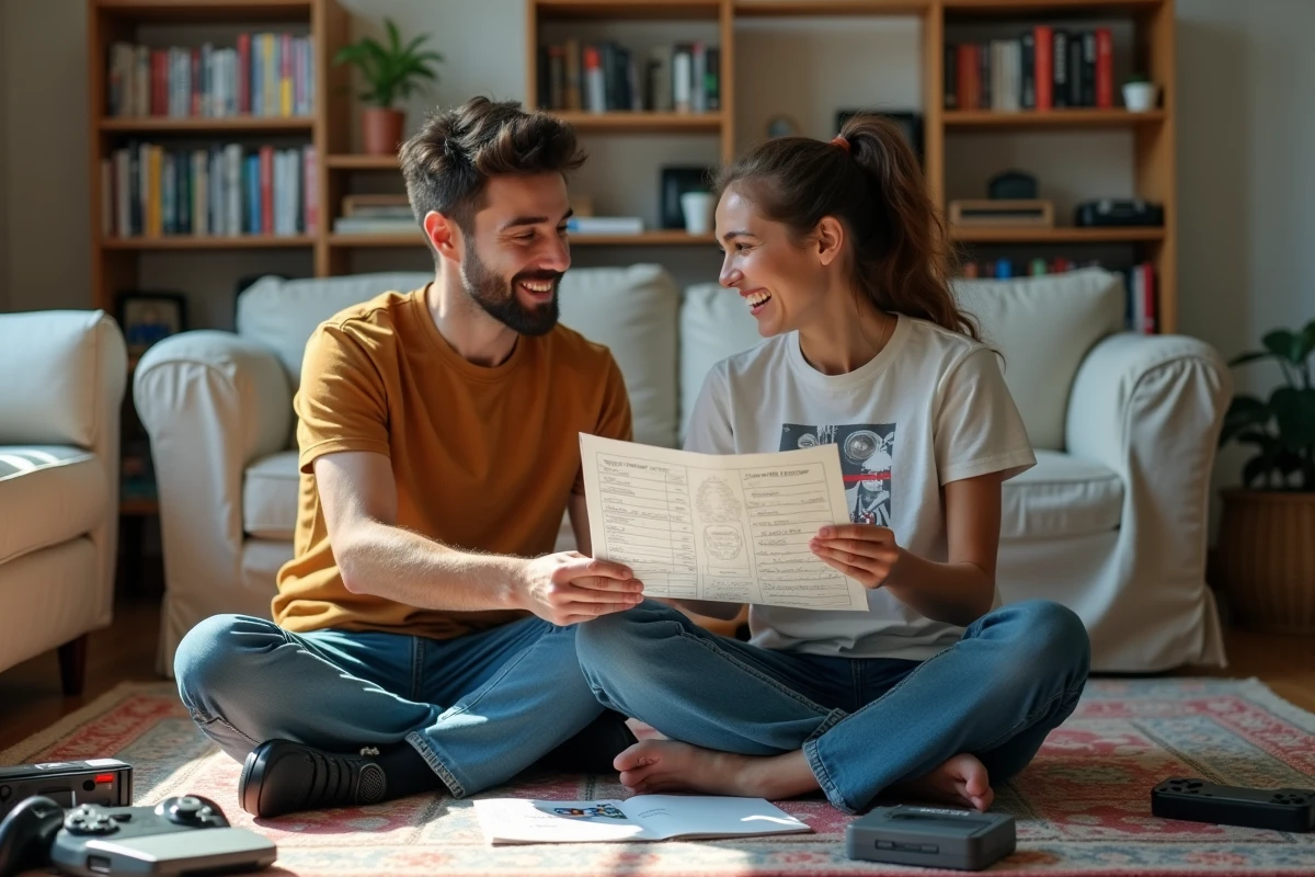 Deux amis rient en regardant des notes de jeux vidéo anciens
