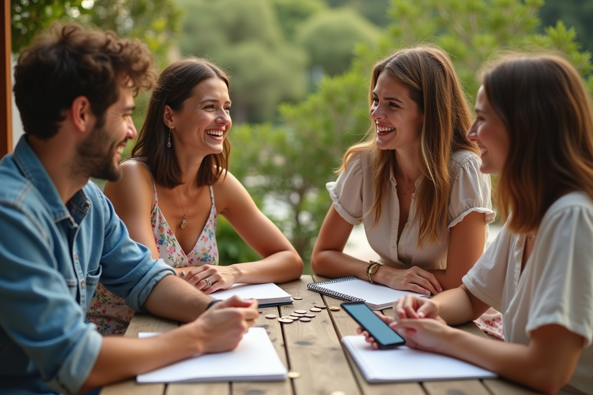 Groupe d'amis en vacances autour d'une table en terrasse