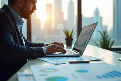 Personne analysant des graphiques financiers dans un bureau lumineux