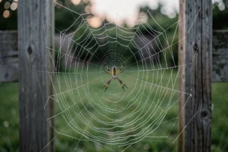 Araignée du soir sur sa toile couverte de rosée dans un jardin au crépuscule, symbole de chance et de présage ancestral