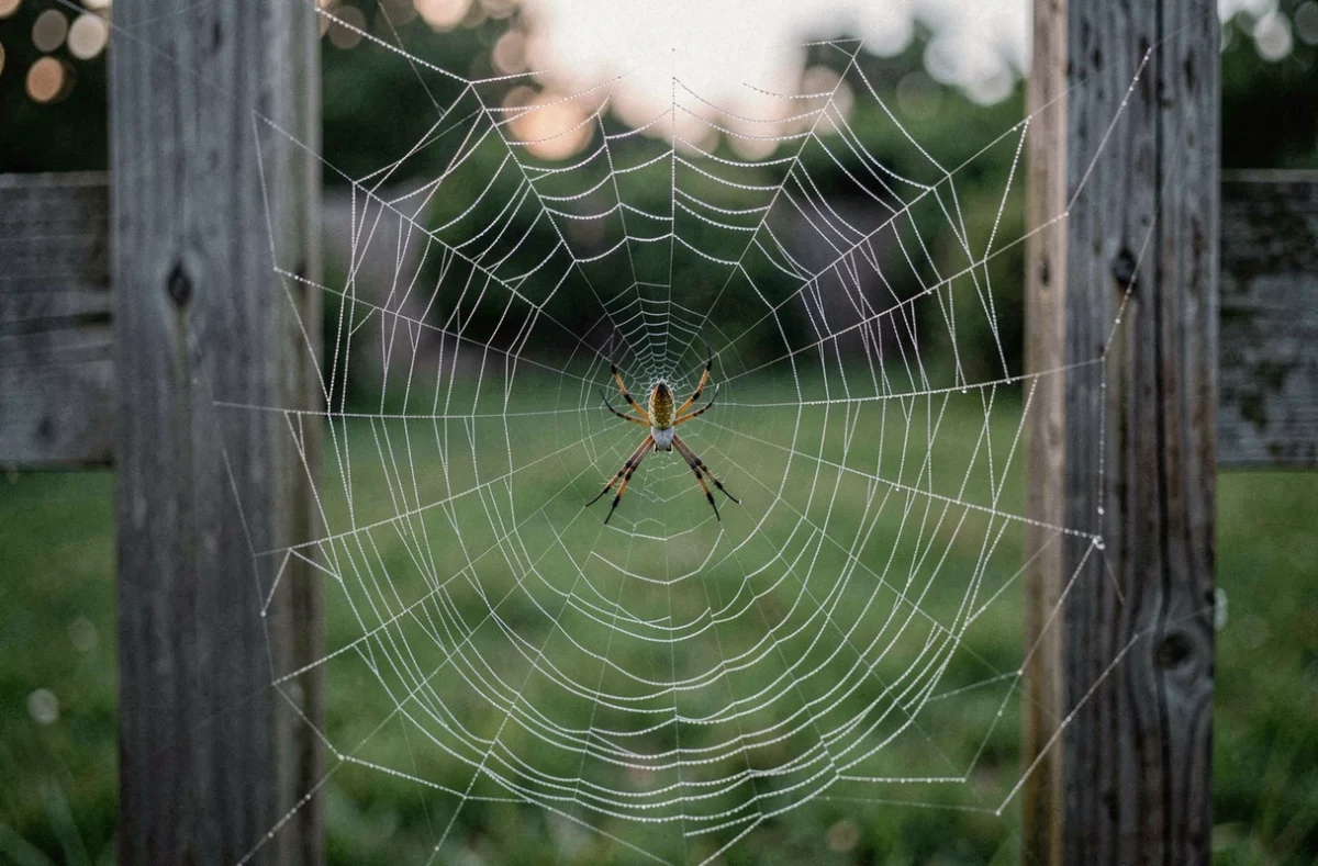 Araignée du soir sur sa toile couverte de rosée dans un jardin au crépuscule, symbole de chance et de présage ancestral