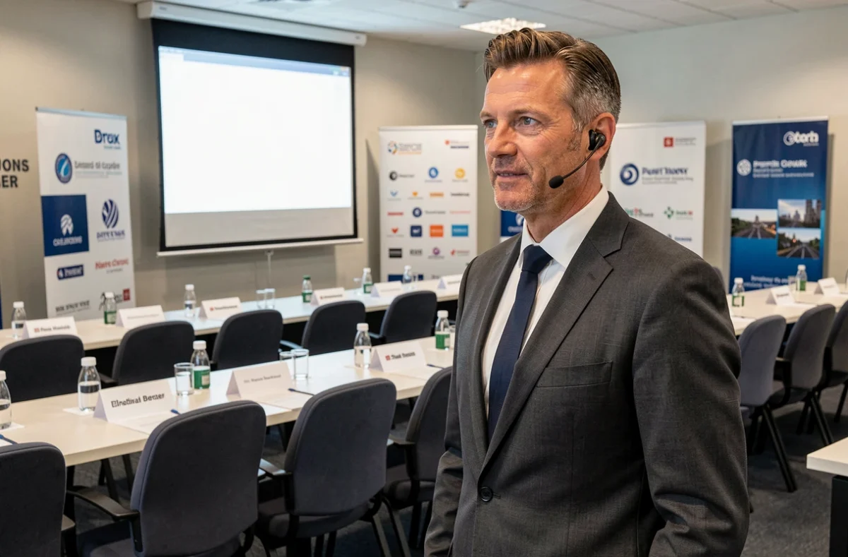 Responsable événementiel d'Arobace supervisant la mise en place d'une salle de conférence professionnelle en Bretagne