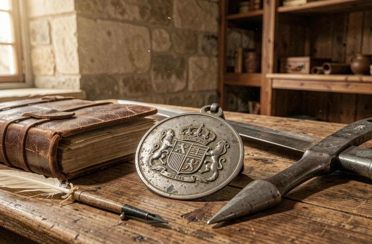 Artefacts militaires du XVIIe siècle évoquant la vie de d'Artagnan et des mousquetaires de Louis XIV, disposés sur une table en chêne ancien