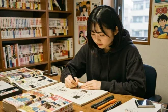 Jeune artiste japonaise dessinant du manga dans un studio de Tokyo entouré de planches et références de Tezuka