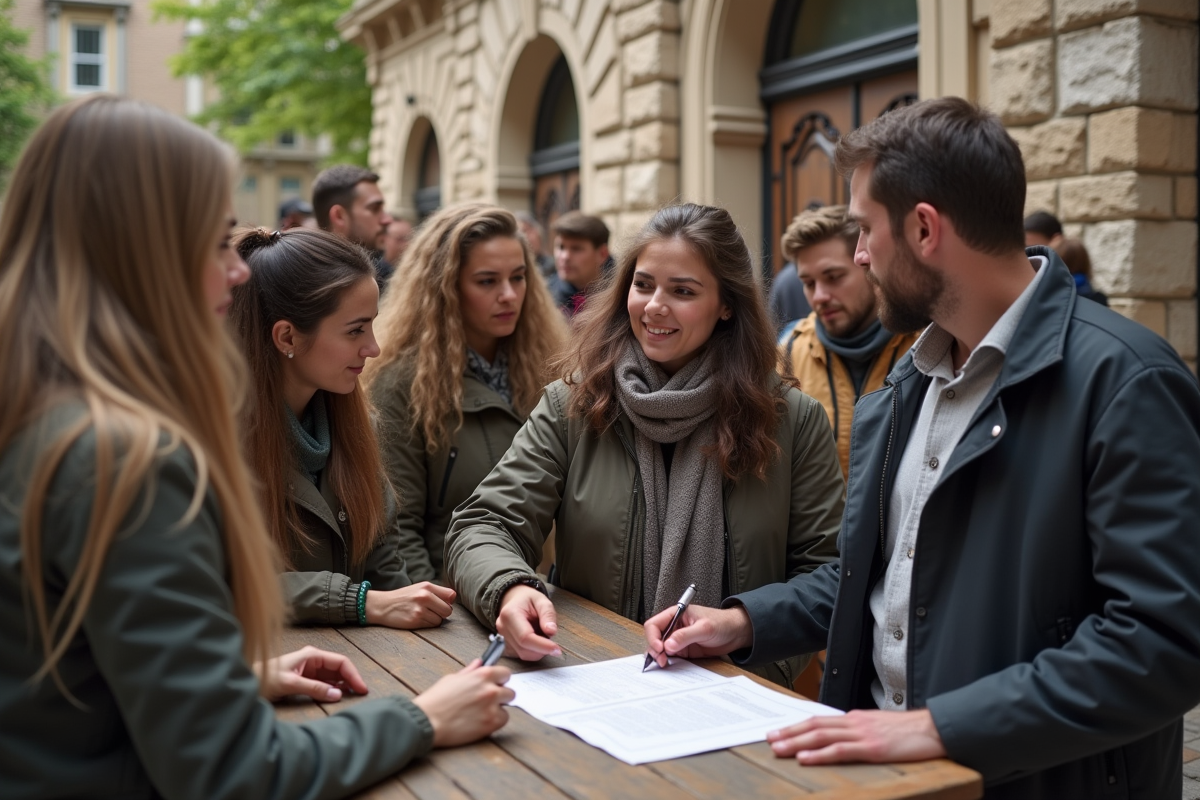 Groupe de citoyens discutant devant un bâtiment historique en plein air
