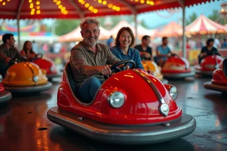 Deux adultes souriants dans une auto tamponneuse rouge classique lors d'une fête foraine