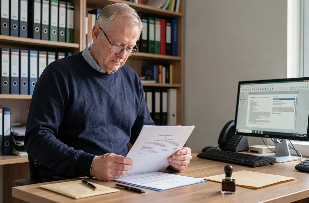 Bailleur âgé relisant attentivement une attestation d'hébergement avant de la signer dans un bureau à domicile