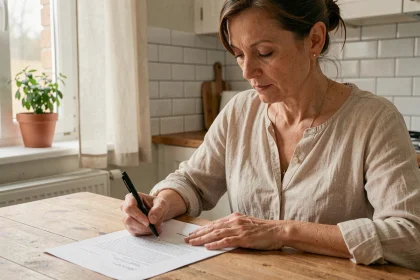 Bailleresse signant une attestation d'hébergement à la table de sa cuisine dans un appartement français