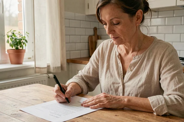 Bailleresse signant une attestation d'hébergement à la table de sa cuisine dans un appartement français