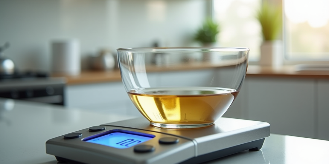 Balance de cuisine numérique avec bol contenant liquide et lecture 100g