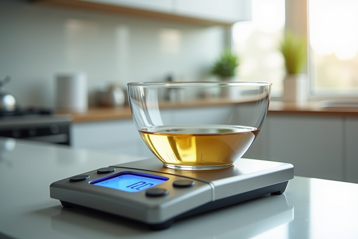Balance de cuisine numérique avec bol contenant liquide et lecture 100g