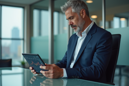 Banquier en costume navy utilisant une tablette dans un bureau moderne