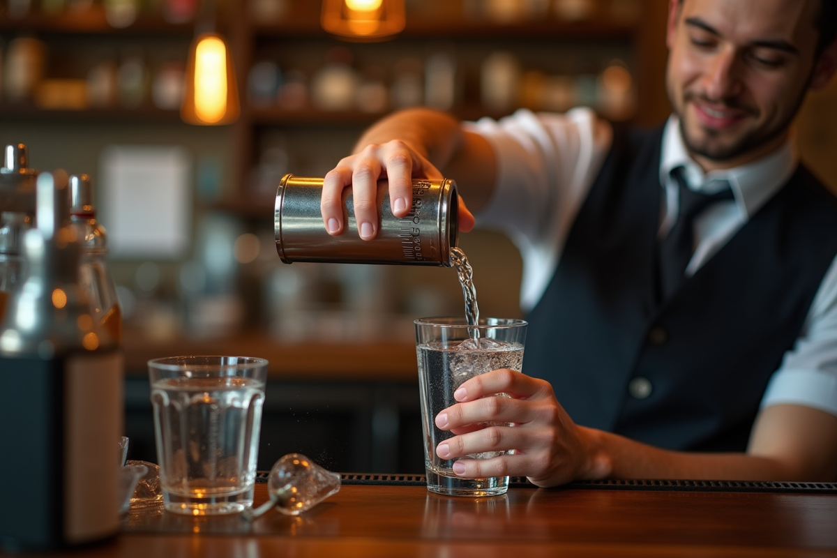 Barman versant de leau dans un verre avec graphique ml cl