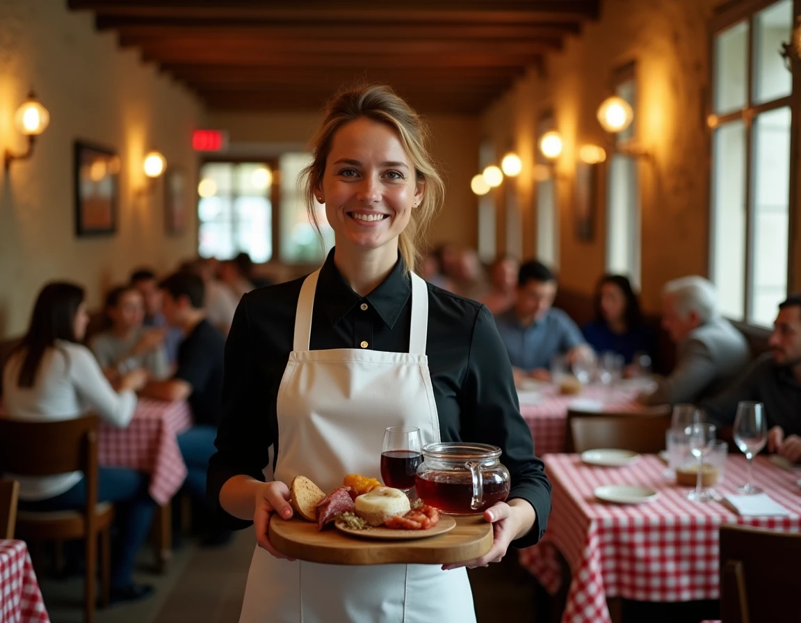 Serveuse d'un bouchon lyonnais traditionnel à Croix-Rousse portant une planche de charcuterie