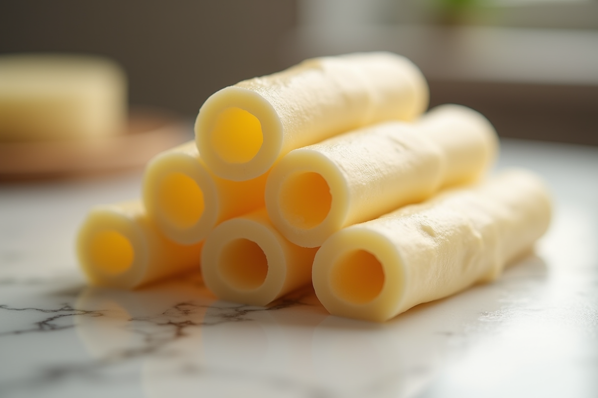 Boudins de marzipan lisses sur un plan de travail en marbre blanc