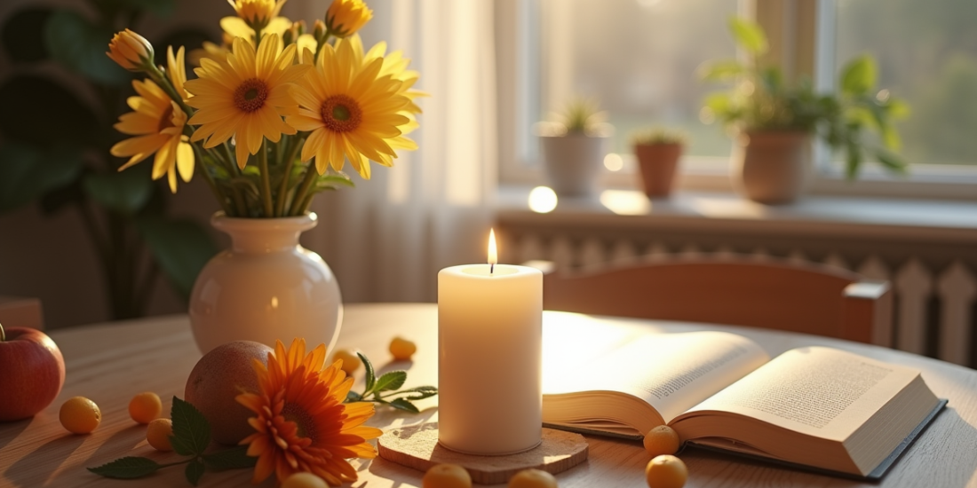Bougie blanche au centre d'une table moderne entourée de fleurs et fruits