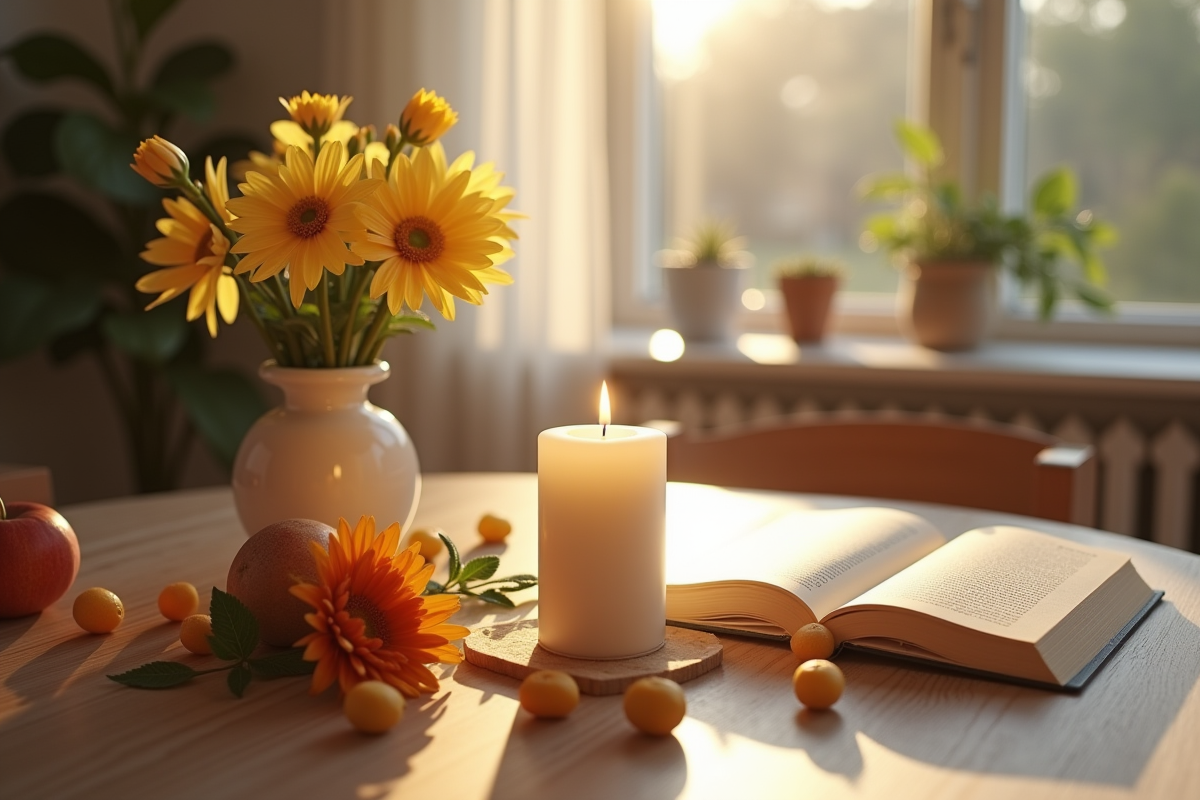Bougie blanche au centre d'une table moderne entourée de fleurs et fruits