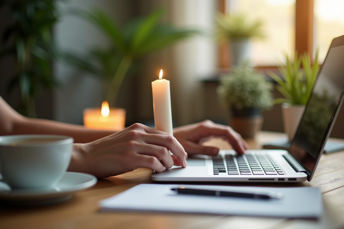 Main tenant une bougie blanche dans un bureau avec ordinateur et plantes