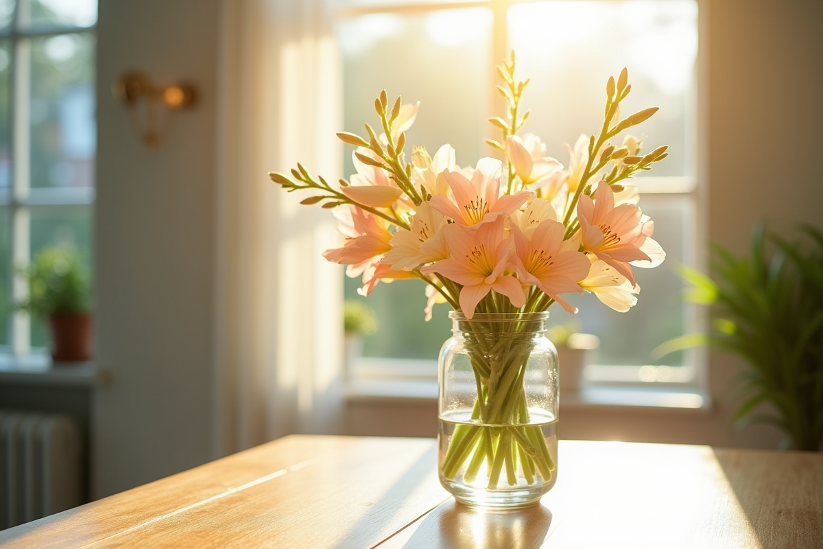 Bouquet de freesias dans un vase sur table en bois en lumière douce