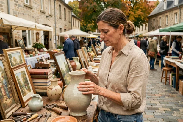 Femme examinant un vase ancien dans une brocante en plein air en Meurthe-et-Moselle, département 54