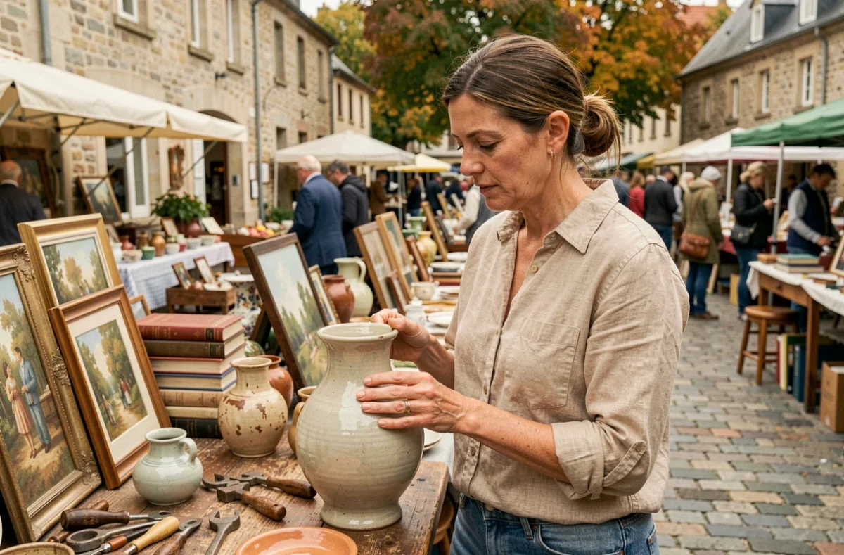 Femme examinant un vase ancien dans une brocante en plein air en Meurthe-et-Moselle, département 54