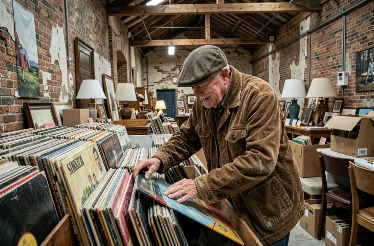 Homme fouillant des vinyles dans une brocante intérieure à Nancy, grande brocante du 54 en 2026