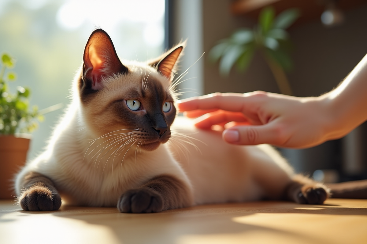 Personne brossant doucement un chat siamois sur une table moderne