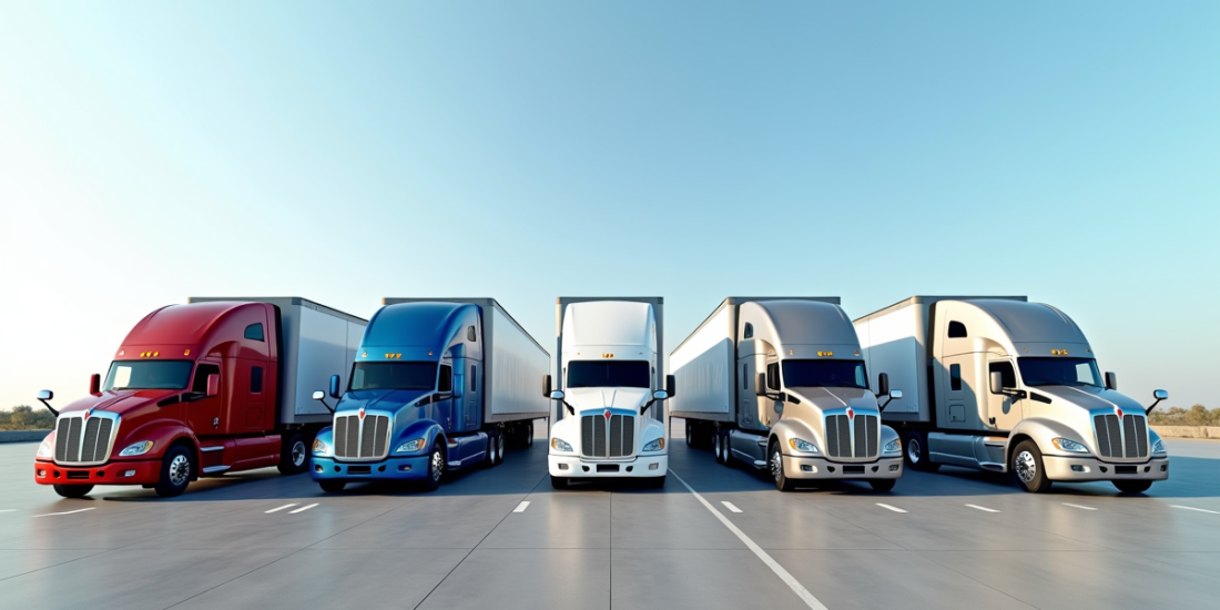 Plusieurs camions semitrailers garés en rangée en plein jour