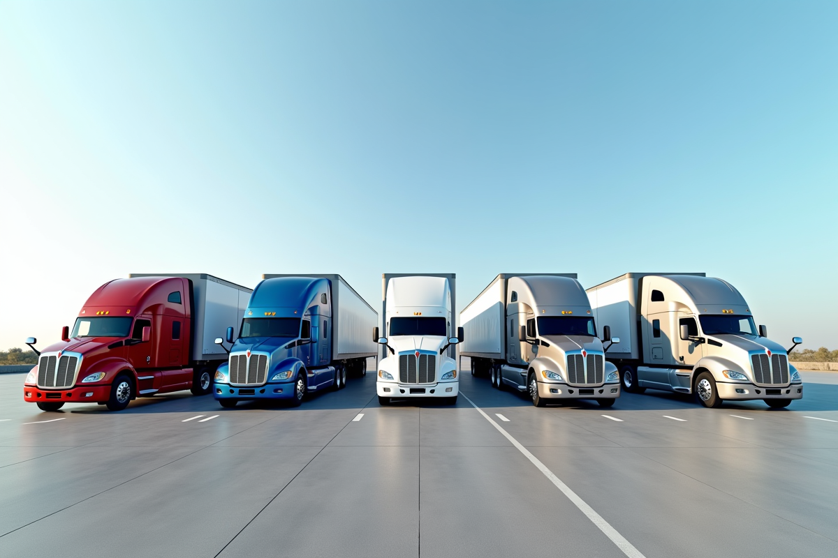 Plusieurs camions semitrailers garés en rangée en plein jour