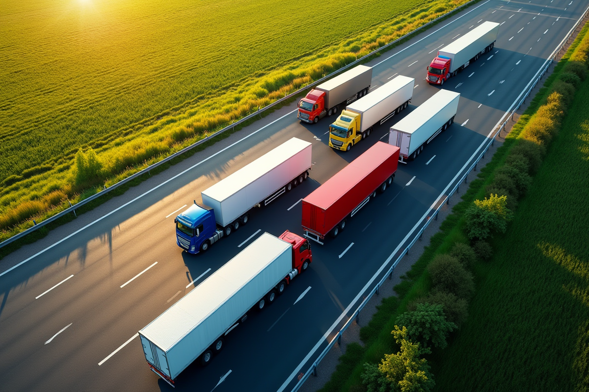 Camions semitrailers différents roulant sur une route ensoleillée