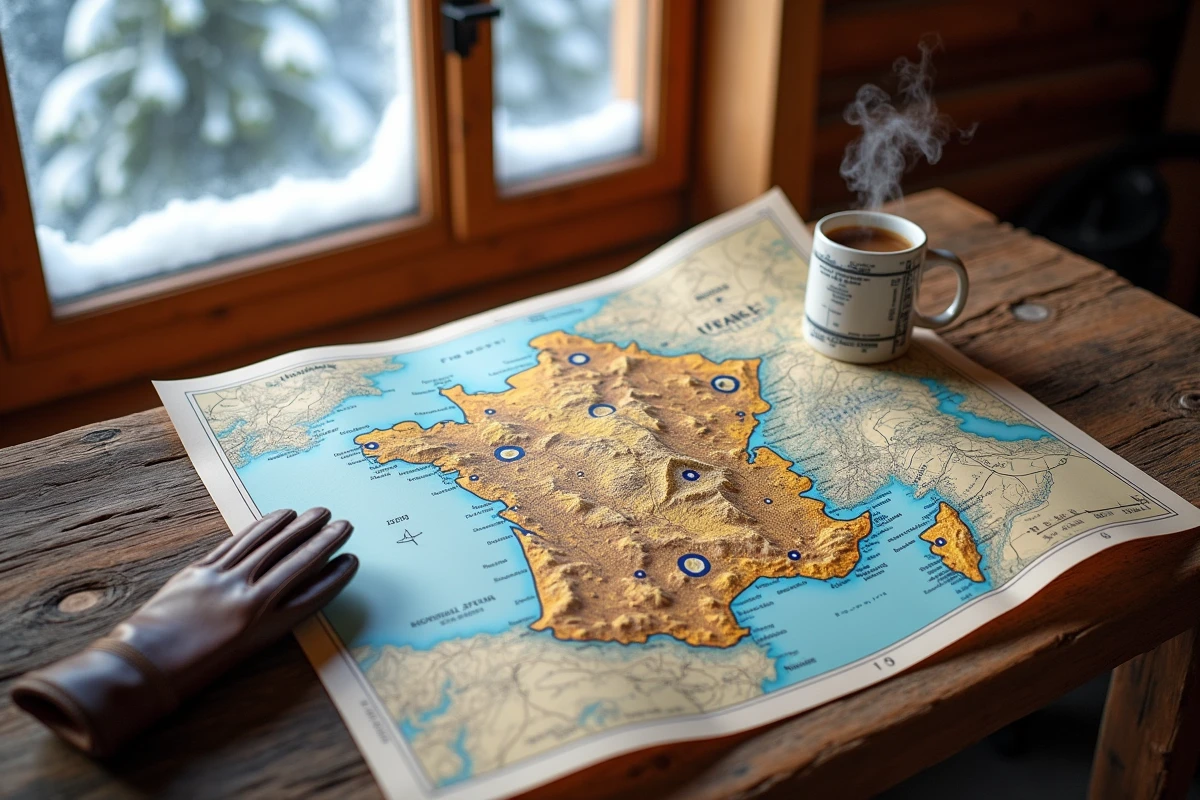 Carte topographique de France dépliée sur table en bois de chalet avec massifs montagneux annotés et tasse de café en hiver