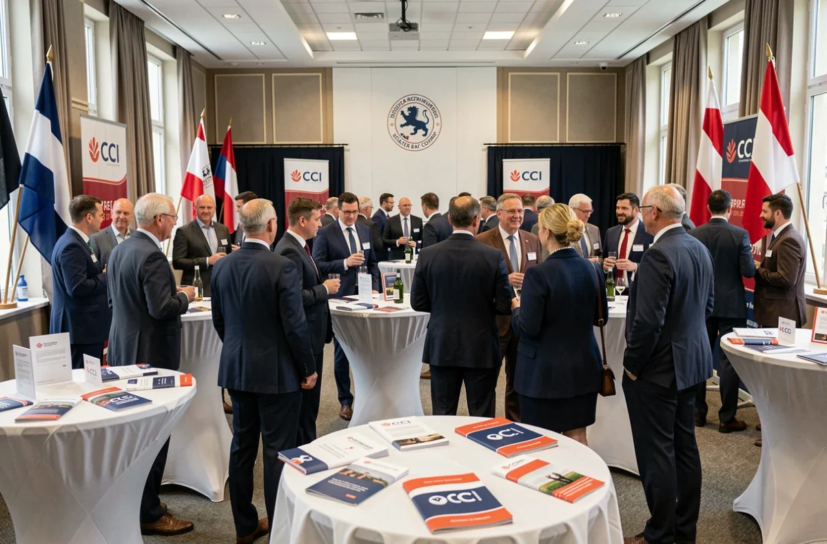 Réception institutionnelle organisée par CCI Bretagne Événements dans une salle de conférence avec drapeaux bretons et professionnels en tenue formelle